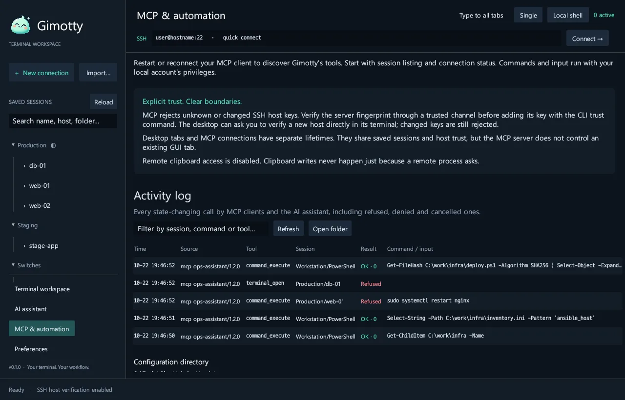 The activity log: commands from an MCP client, with calls to the read-only Production folder refused.