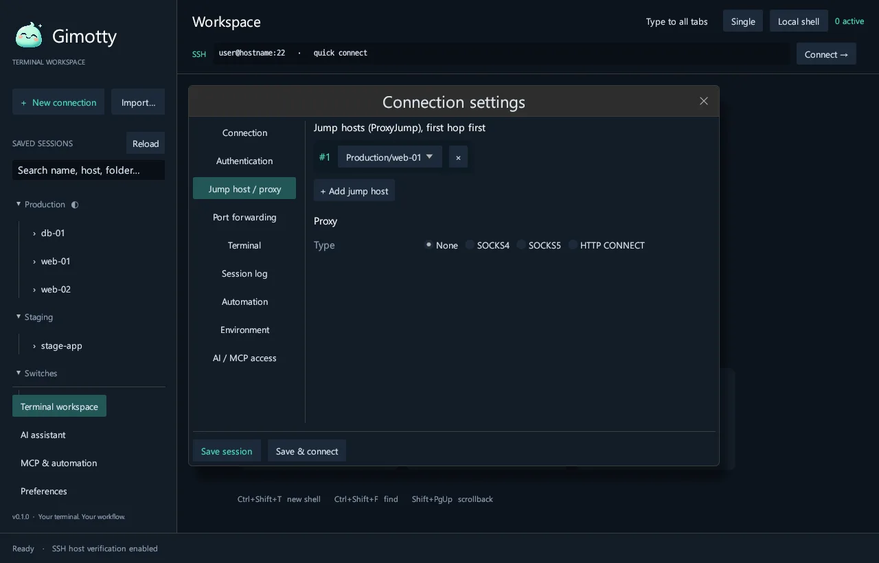 A jump host in the session editor.