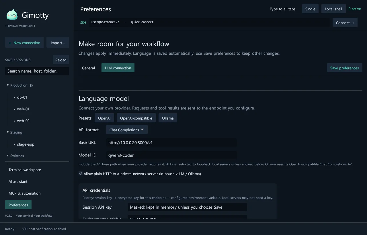 Connecting an in-house vLLM server on a private address. No API key is needed for it.
