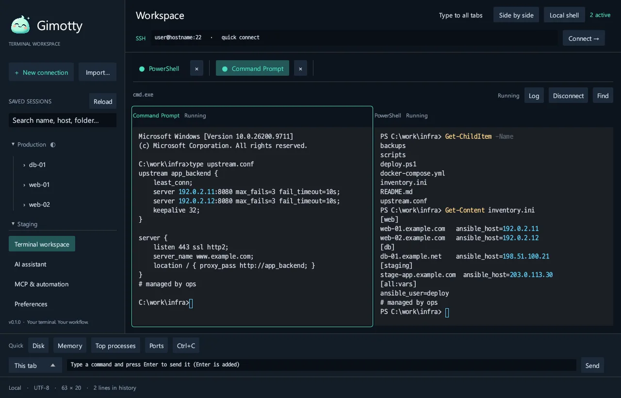 Two local shells side by side in one workspace, with the command bar and quick buttons below.